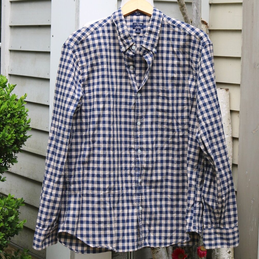 J Crew Blue Cream Gingham Check Flex Washed Slim Stretch Cotton Classic Shirt XL